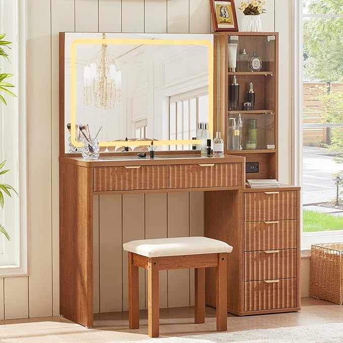 LEYAOYAO Vanity Desk with Mirror and Lights with Stool, 43.5'' Fluted Makeup Vanity with 6 Drawers and Adjustable Shelves,Wood Make Up Vanity Set with Glass Top and Power Outlet for Bedroom