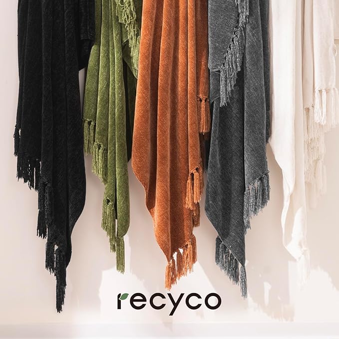 RECYCO Throw Blanket Soft Cozy Chenille Throw Blanket with Fringe Tassel for Couch Sofa Chair Bed Living Room Gift (Dark Gray, 50" x 60")