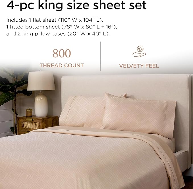 Threadmill King Size Sheets for King Mattress | 800 Thread Count Jacquard Celine Light Beige | Better Than Egyptian Cotton | 4 Pc Bed Sheets | Damask Sheet Fits 16'' Deep Pocket | 100% Cotton Sheets