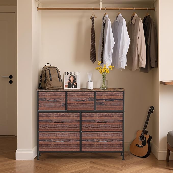 Dresser for Bedroom with 7 Drawers, Chest of Drawers, Storage Drawers Organizer Unit, Black Wide Fabric Dresser with Fabric Bins for Closet, Living Room, Entryway (Brown and Rustic Brown)