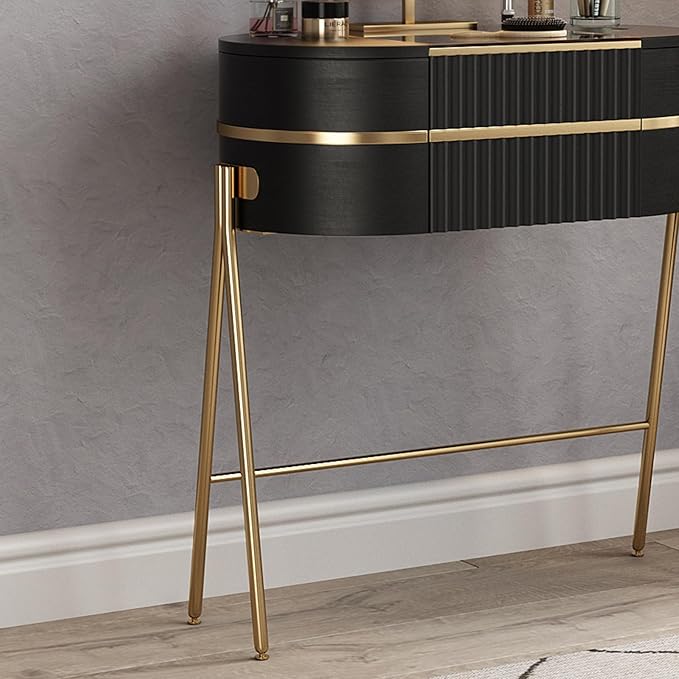 Makeup Vanity with Mirror and Lights - with LED Mirror,Very Easy to Assemble,Glass Top for Bedroom,Stainless Steel Foot