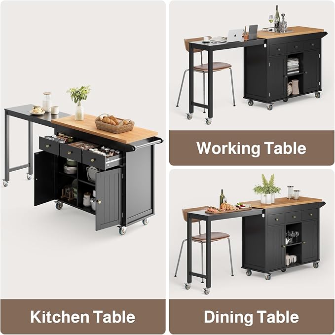 Ahomly Kitchen Island with Extendable Table for 2, 79.06" Extendable Kitchen Island Cart on Wheels with Storage Cabinet & 2 Open Shelves, Island Table for Kitchen with 3 Drawers, Black