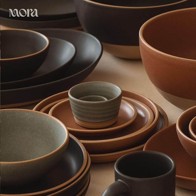 MORA Medium Dishes Set of 4, 30oz Ceramic Pottery Pasta Plate/Wide Bowls - Microwave, Oven and Dishwasher Safe - Terracotta