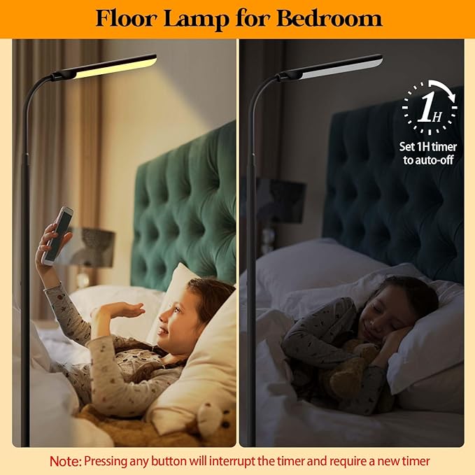 LED Floor Lamp, 18W Super Bright Floor Lamp for Living Room, Adjustable Stepless Colors & Brightness Gooseneck Standing Lamp, Eye Caring Reading Light with Remote& Touch Control for Bedroom Office