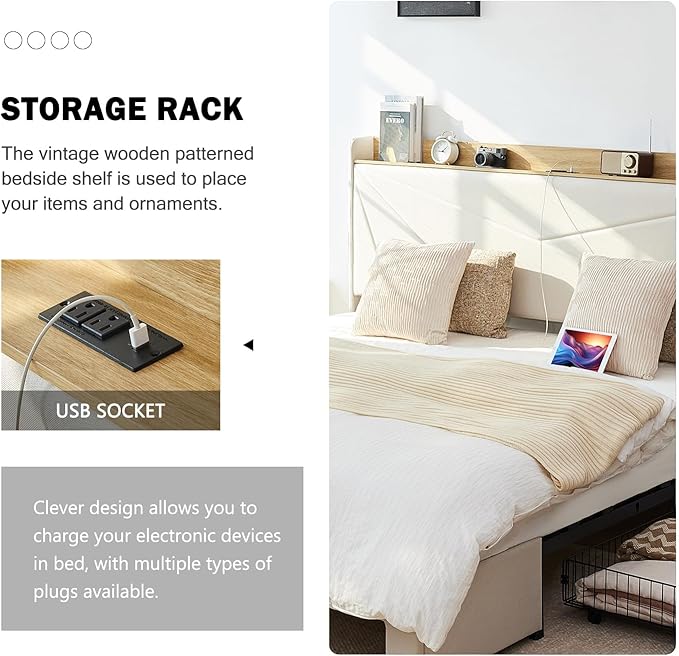 King Size Bed Frame with 3 Drawers, Upholstered King Size Bed Frame with Storage Headboard, AC USB and Type C Charge Station, Wooden Support Slats No Box Spring Needed Easy Assembly,Beige