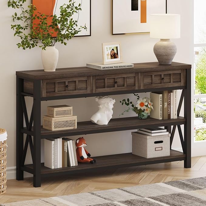 FATORRI Console Table with Storage for Entryway, Rustic Sofa Table with 3 Drawers for Living Room, Farmhouse Hallway Tables and Couch Tables Behind Sofa (54.72 Inch Long, Walnut Brown)