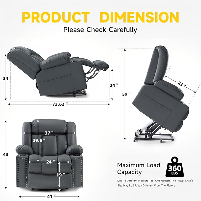 Large Power Lift Chairs Recliners for Elderly with Heated and Massage, Overstuffed Adjustable Lift Chairs, 3 Positions, Breathable Leather, USB-A and USB-C, Cup Holder, Side Pocket, Grey