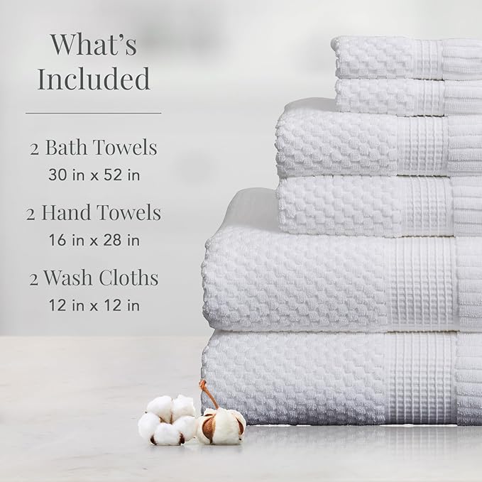 NY Loft 100% Cotton Bath Towel Set | 6 Piece Set - White Towels | Absorbent & Quick-Dry Bath Towels | Textured & Durable Cotton | Trinity Collection - Bright White
