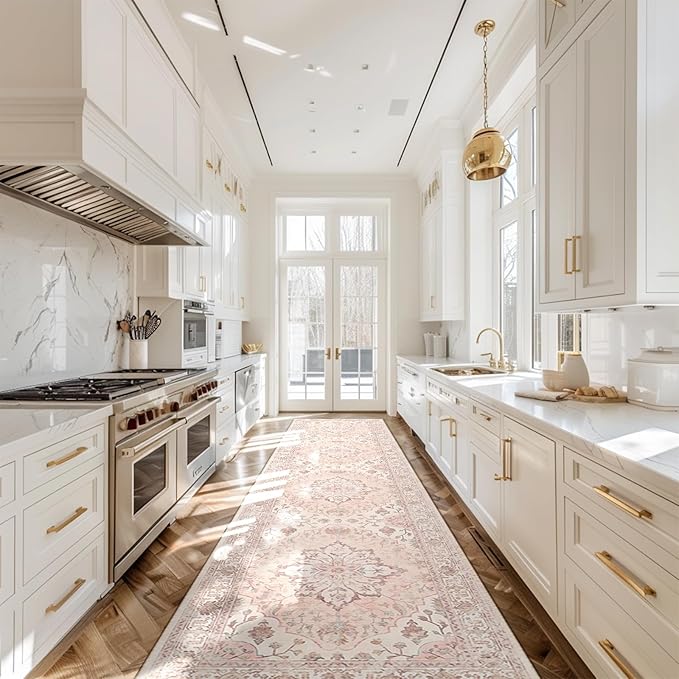 Area Rugs 2'x10' Washable Non-Slip, Floral Vintage Distress Print Pattern Medallion Carpet for Living Room Bedroom Dining Room, Pink Greypink Cute