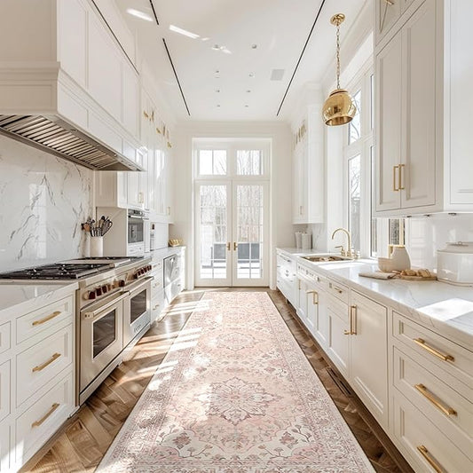 Area Rugs 2'x10' Washable Non-Slip, Floral Vintage Distress Print Pattern Medallion Carpet for Living Room Bedroom Dining Room, Pink Greypink Cute