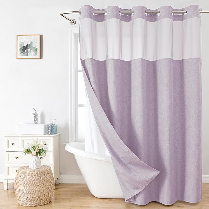 Long No Hooks Needed Linen Textured Shower Curtain with Snap-in Fabric Liner Set,Hotel Luxury Decor Shower Curtains for Bathroom,Waterproof & Washable,71Wx80H,Lavender