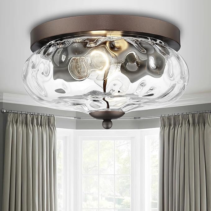 Darkaway Ceiling Light Fixtures Flush Mount Indoor Outdoor Ceiling Light with Water Ripple Glass Shade for Hallway Kitchen Bedroom Porch Living Room Bronze Finish
