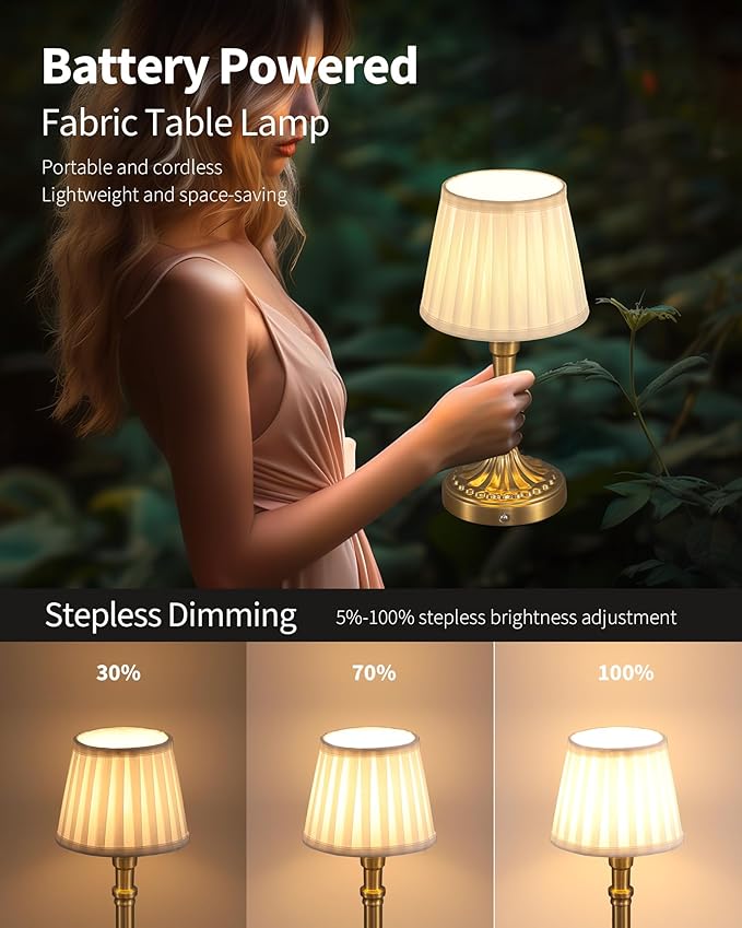 KDG Cordless Portables Table Lamp, LED Fabric Shade Small Desk Lamps, 4000mAh Battery Powered Lighting, 2700K Stepless Dimmable Light for Living Room, Dining Room, Bedroom, Bedside (Bronze)