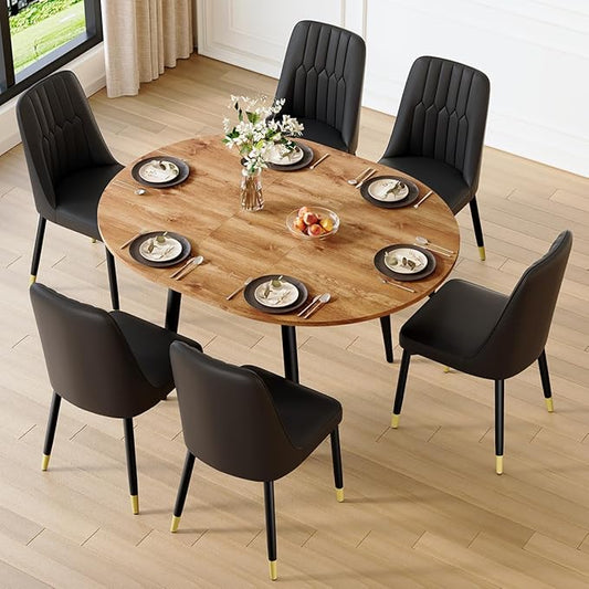 42"-54" Extendable Dining Table Set for 6, Oval Dining Table Set for 6, 0.73" Thick Wood Tabletop with Smooth Edge, Black Metal Leg with Non-Slip Footmat, 6 Soft PU Chairs, for Kitchen, Small Space