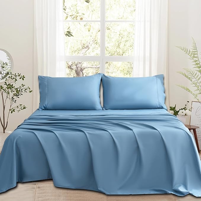 Bedlifes 1000 Thread Count 100% Egyptian Cotton Queen Size Sheets Set - Sateen Soft Silky Breathable Luxury Cooling 4 Pieces (Mineral Blue)