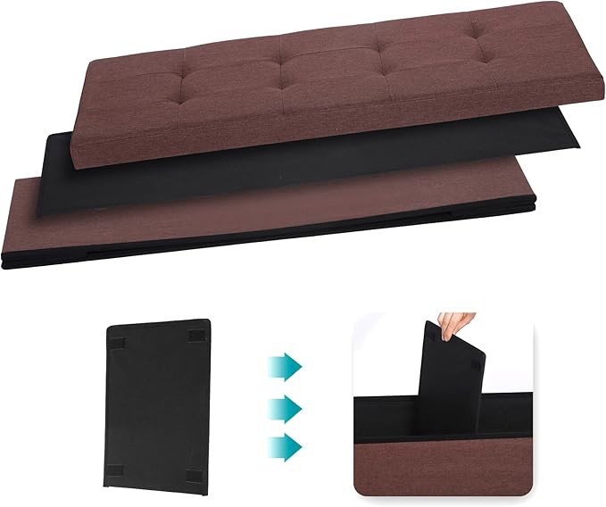 SUPER DEAL 43 Inches Folding Storage Ottoman Bench, Linen Footrest with Divider Foam Padded Seat Long Storage Chest Box for Living Room Bedroom Entryway, 660 lbs Capacity 15" x 43" x 15" Brown