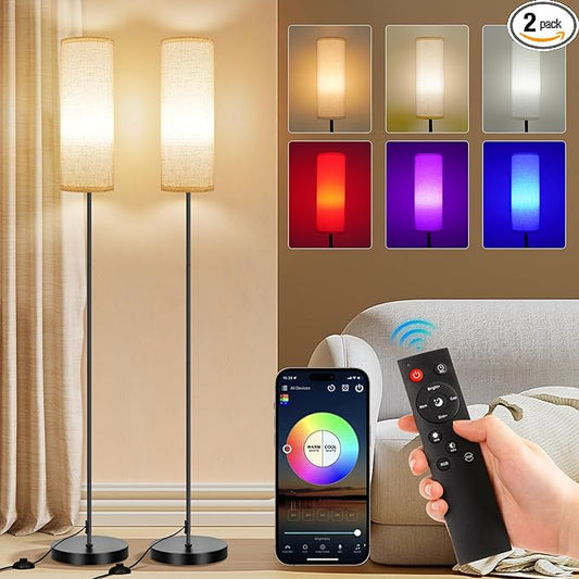 Frideko 2 Pack Floor Lamps for Living Room, Dimmable Colors Temperature & Brightness, Modern Floor Lamp with Remote, Tall Standing Lamps for Living Room Bedroom Office, Beige Shade 9W RGB Bulb