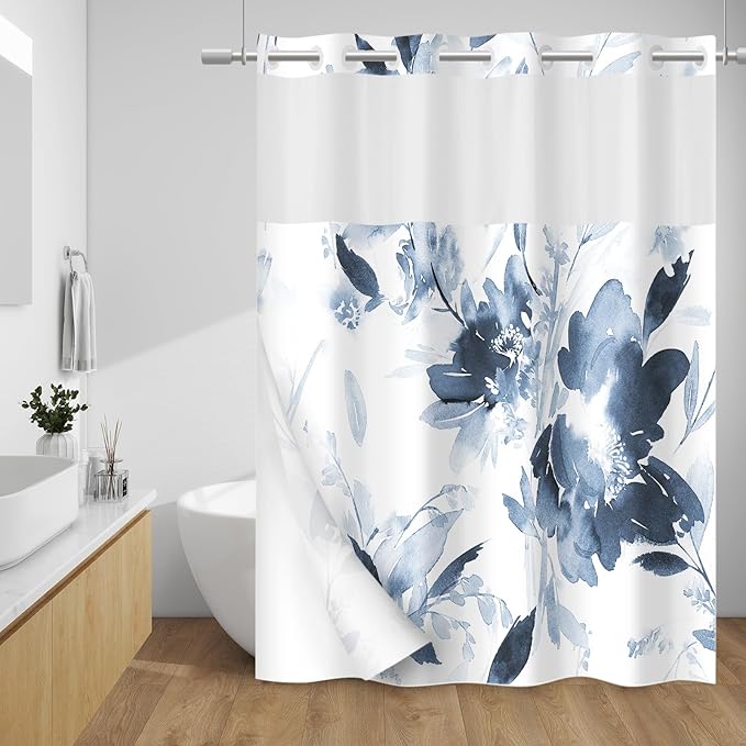 No Hook Shower Curtain with Snap in Liner - Floral Shower Curtain - Fabric Waterproof Inner Liner, Plants Navy Blue Extra Long Modern Cloth Shower Curtains - Machine Washable, 71 x 86
