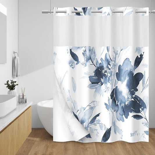 No Hook Shower Curtain with Snap in Liner - Floral Shower Curtain - Fabric Waterproof Inner Liner, Plants Navy Blue Extra Long Modern Cloth Shower Curtains - Machine Washable, 71 x 86