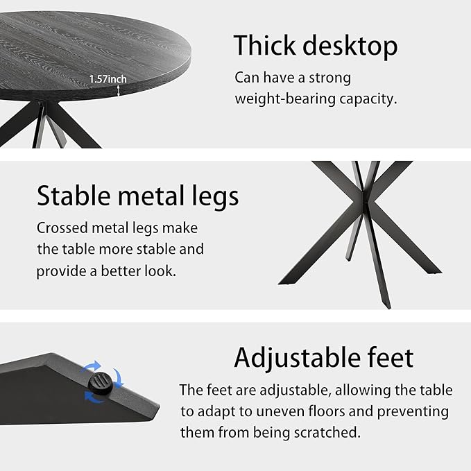 45.3" Round Dining Table & 4 PU Leather Chairs, Mid Century Modern Round Dining Table Chair Set for 4, w/Metal Legs, for Kitchen Dining Room, Living Room, Office, Save Space