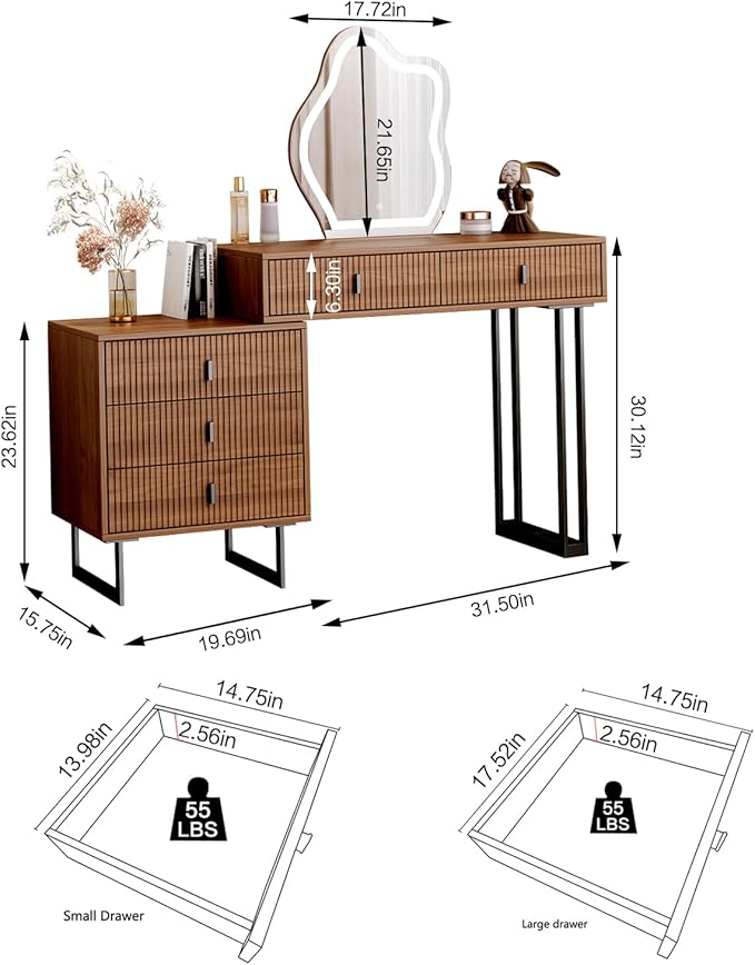 Brown Vanity Desk with Mirror and Lights,Small Makeup Vanity with 5 Drawers，Modern Makeup Table with Adjustable Cabinet for Bedroom,Makeup Room