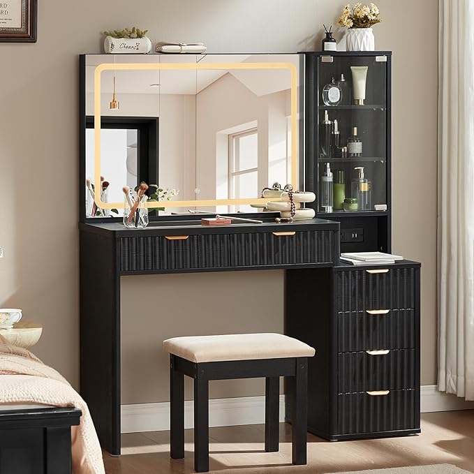 LEYAOYAO Black Vanity Desk with Mirror and Lights, 43.5'' Fluted Makeup Vanity with 6 Drawers and Adjustable Shelves, Glass Top Make Up Vanity, Girls Wood Dressing Table with Power Outlet for Bedroom