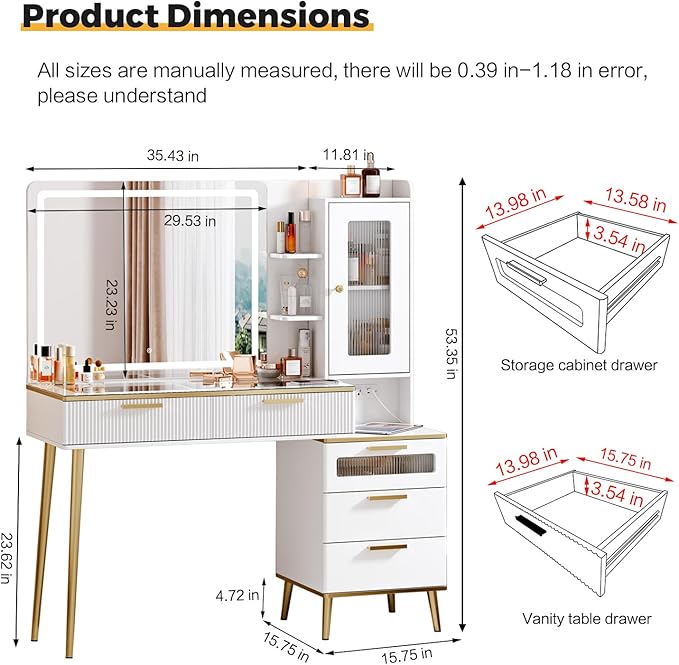 Vanity Desk with 29.53" HD Lighted Mirror, 47.24" Big Modern Vanity Desk with Mirror and Lights, Makeup Vanity with 5 Drawers and Storage Shelves and Charging Station, White