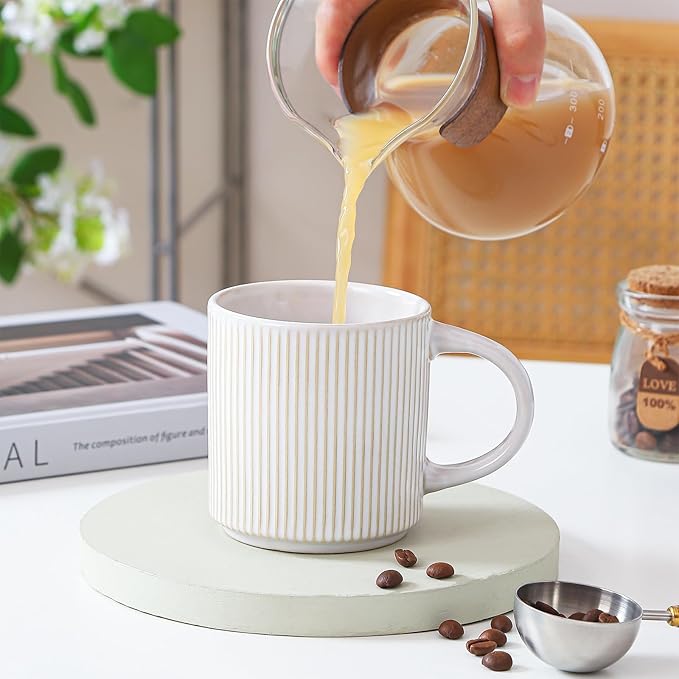 Coffee Mugs Set of 4, 12 OZ Ceramic Coffee Mugs with Handle, Vertical Stripes Coffee Cups Set for Latte/Tea/Cocoa/Milk, Microwave and Diahwasher Safe (Beige)