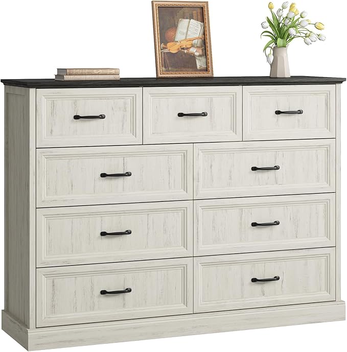 Farmhouse 9 Drawer Dresser for Bedroom, 55 Inch Wide Modern White Dresser TV Stand with Large Drawers & Bar Handles, Rustic Wood Chest of Drawers for Bedroom, Living Room, Hallway, Entryway.