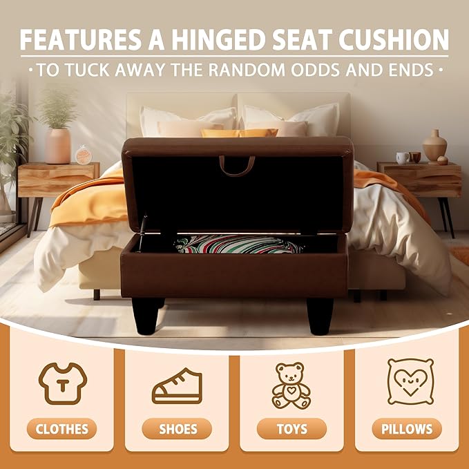 Ottoman Rectangular Storage Ottoman Bench, Faux Leather Footrest, Coffee Table, Stool Footstool with Hinged Lid for Living Room, Bedroom, Entryway, Brown, 28.5"x19"x17.5"