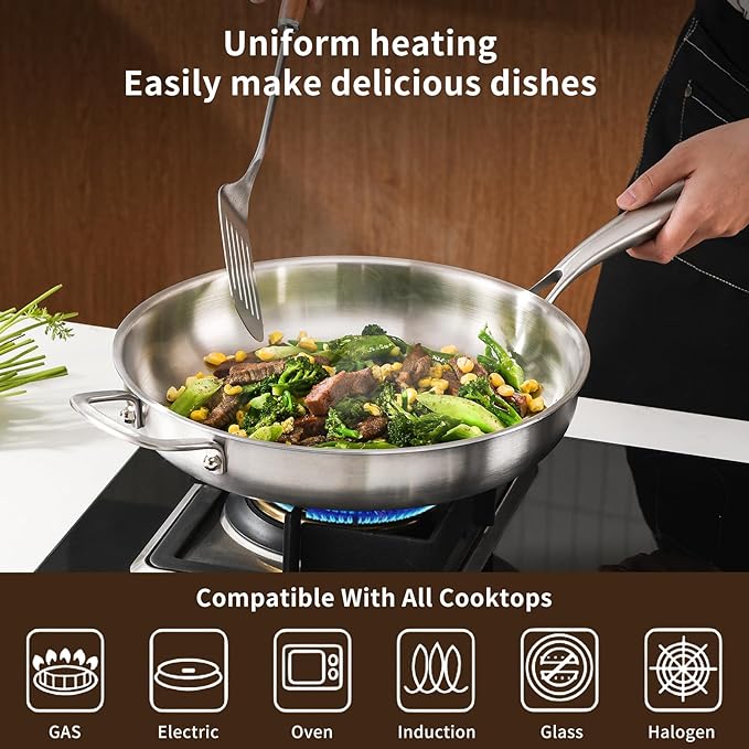 10-Inch Tri-Ply Stainless Steel Pan, PFOA and PTFE-Free Skillet Griddle, Stainless Steel Pan Set with Lid for the Kitchen, Induction-Compatible Cookware Sets, Dishwasher and Oven Safe