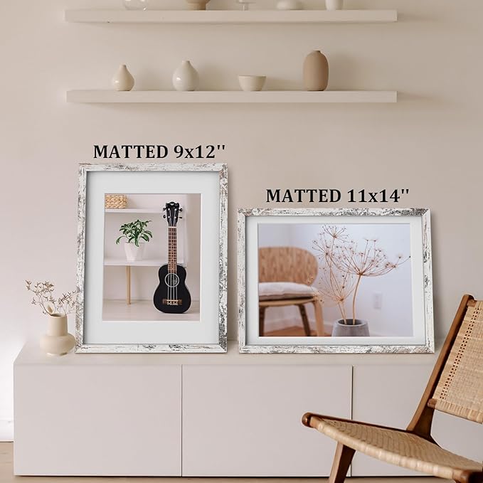 Egofine 12x16 Picture Frame Rustic White Covered by Plexiglass Made of Solid Wood, Display Pictures 9x12 and 11x14 with Mat or 12x16 Without Mat for Wall Mounting