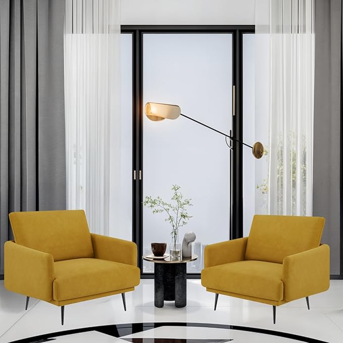 Oversized Accent Chair Set of 2 for Living Room Chairs Reading Arm Chair Comfy Modern Single Sofa Side Chairs with Metal Legs & Soft Cushion for Bedroom, Balcony,Waiting Room (Velvet, Amber Yellow)