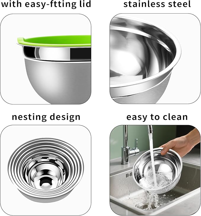 Lazycorner Mixing Bowls with Airtight Lids Set 5 Pcs Stainless Steel Bowls Set Baking Set Non-Slip Silicone Bottoms Great for Serving & Baking