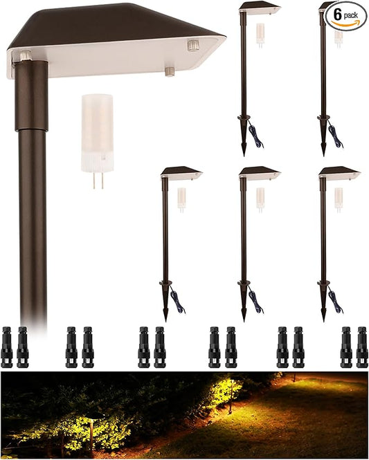 Landscape Path Lights Low Voltage, 6PK Bronze, Work with Replaceable 5W 3000K LED G4 Bulb and Connectors, 12V Wired Landscape Lighting for Outdoor Pathway Driveway Garden, Aluminum
