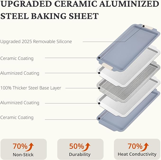 BRONYPRO Non Stick Ceramic Baking Sheet Pan Set of 3, Natural Non Toxic Cookie Sheets for Baking - PFOA, PTFE Free, Heavy Duty Aluminized Steel Oven Trays for Cooking with Silicone Handles, Cream