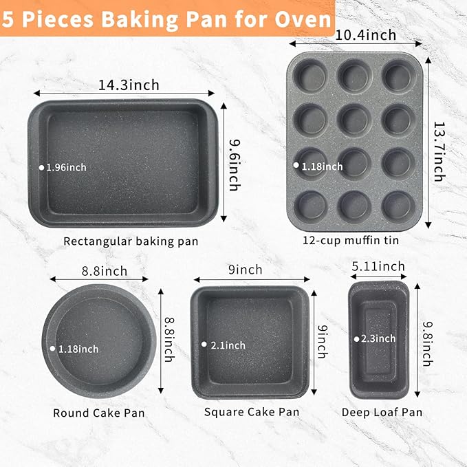 Baking Pans Set, Bakeware Sets with Grey Marble Coating, 5-Piece Baking Set for Oven, Nonstick Premium & Even Heating, Stackable, Carbon Steel, with Round/Square Cake Pan, Muffin, Bread Tin