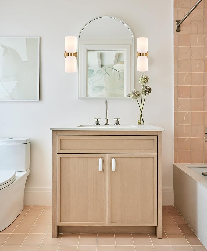 CLAXY Modern Gold Bathroom Vanity Milky Glass Wall Sconce Bathroom Light Fixtures with 2-Light Dimmable