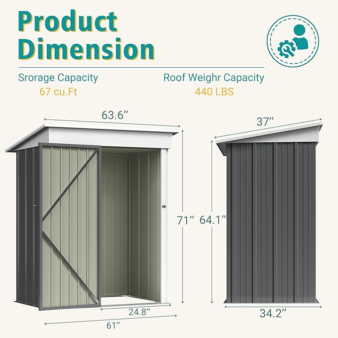 GUNJI 5 x 3 FT Shed Outdoor Storage Shed Metal Garden Shed with Lockable Door Outside Waterproof Tool Shed for Backyard, Patio, Lawn (Gray)