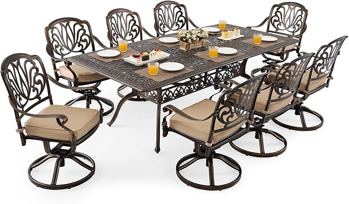 9 Piece Outdoor Dining Set Cast Aluminum, Retro Patio Dining Furniture Set for 8 Includes 86.6’’ Rectangular Table 8 Swivel Chairs with Thicker Cushion and Umbrella Hole for Patio Deck Garden