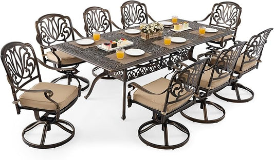 9 Piece Outdoor Dining Set Cast Aluminum, Retro Patio Dining Furniture Set for 8 Includes 86.6’’ Rectangular Table 8 Swivel Chairs with Thicker Cushion and Umbrella Hole for Patio Deck Garden