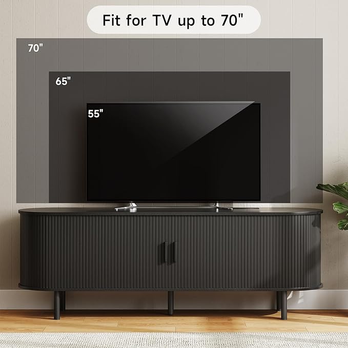 63" TV Stand with Power Outlet for TVs up to 70 Inch, Entertainment Center with Storage and Adjustable Shelves, Modern Media Console with Sliding Doors for Living Room, Black