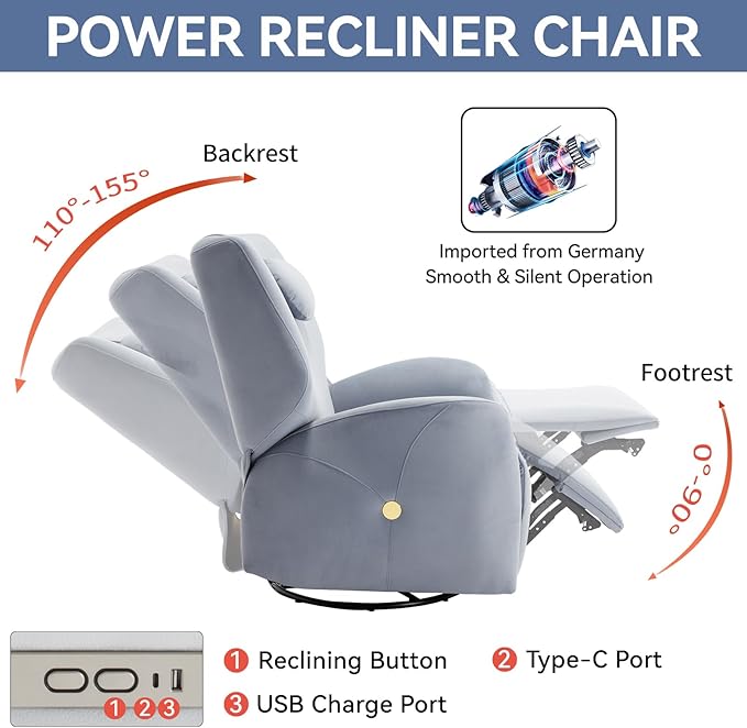 Power Recliner Chairs for Women, 270° Swivel Recliner Rocker Chair with Charging Ports, Reclining Rocking Glider Chair for Nursery, Polyester Fabric Blue