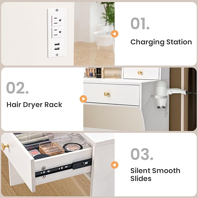 Pamapic Vanity Desk with Mirror and Lights,4 Drawers Golden Handles Makeup Vanity with Storage Stool,Power Outlet,3 Lighting Modes,Silent Slides