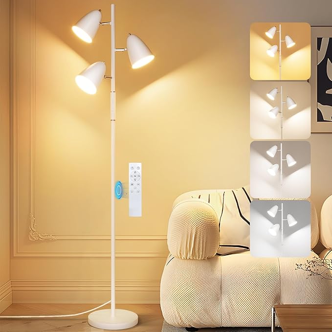 QiMH LED Floor Lamp for Living Room, Modern Dimmable Standing Lamp with 4 Color Temperature,Remote and Touch Control, Tree Floor Lamp for Bedroom with 3 Rotatable Lights Bright Stand up Lamp, White