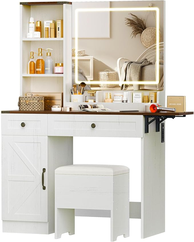 KAMABOKO Vanity Desk with Mirror, LED Lights and Power Outlet, Makeup Vanity Table with 2 Drawers and 3 Storage Shelves, Dressing Table w/Stools for Bedroom (White)