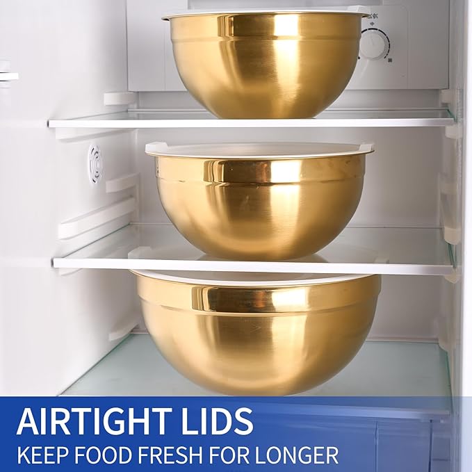 Gold Mixing Bowls With Airtight Lids,Stainless Steel Bowl,Salad Bowls 7 Piece Colorful Nesting Bowl Gold Kitchen Accessories,Size 7,3.6,2.7,2.1,1.5,1.1,0.8QT Stackable Design