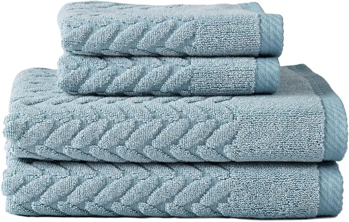 Texere 100% Organic Cotton Cable Jacquard 650 GSM Luxury Towel Sets - Ultra Soft and Absorbent Hotel and Spa Quality (Cable, Smoke Blue, 2 Hand & 2 Face Towels)