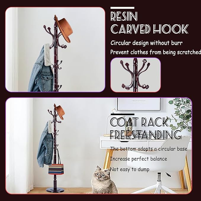 72 in Wood Coat Rack, Coat Rack Freestanding with Stable Round Base, Adjustable Height Tree Coat Racks Stand for Home Bedroom Office Hallway Entryway (Rosewood Ruyi Hook)