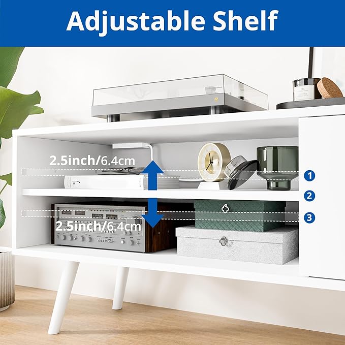 Cozy Castle TV Stand for 48 Inch TV, Mid Century Modern Entertainment Center with Storage Cabinet, TV Media Console with Charging Station for Living Room, Bedroom, White